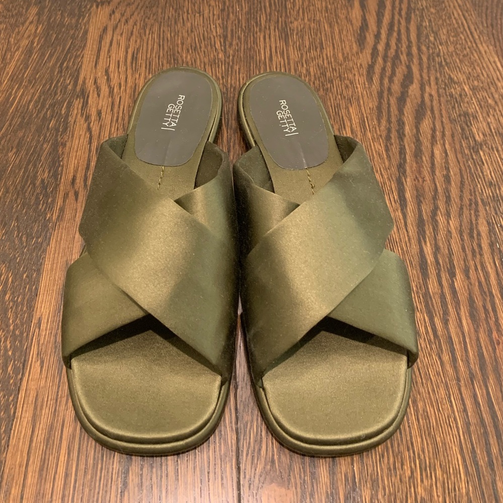 Rosetta Getty crossover satin slides. Size 39. Color: Moss. Never been worn